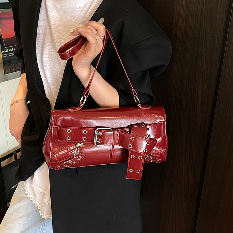 

Personalized Burgundy Single Shoulder Bags for Women Retro Fashion Belt Design PU Crossbody Bag New Spicy Girl Motorcycle Pack