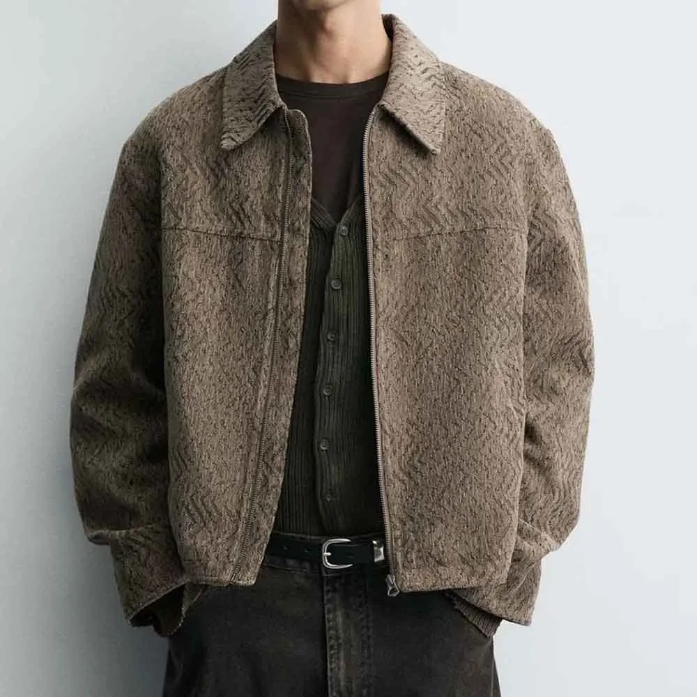 

Новая зимняя мужская жаккардовая куртка на молнии с длинными рукавами, американский ретро-модный модный свободный повседневный мужской топ на High Street 2025