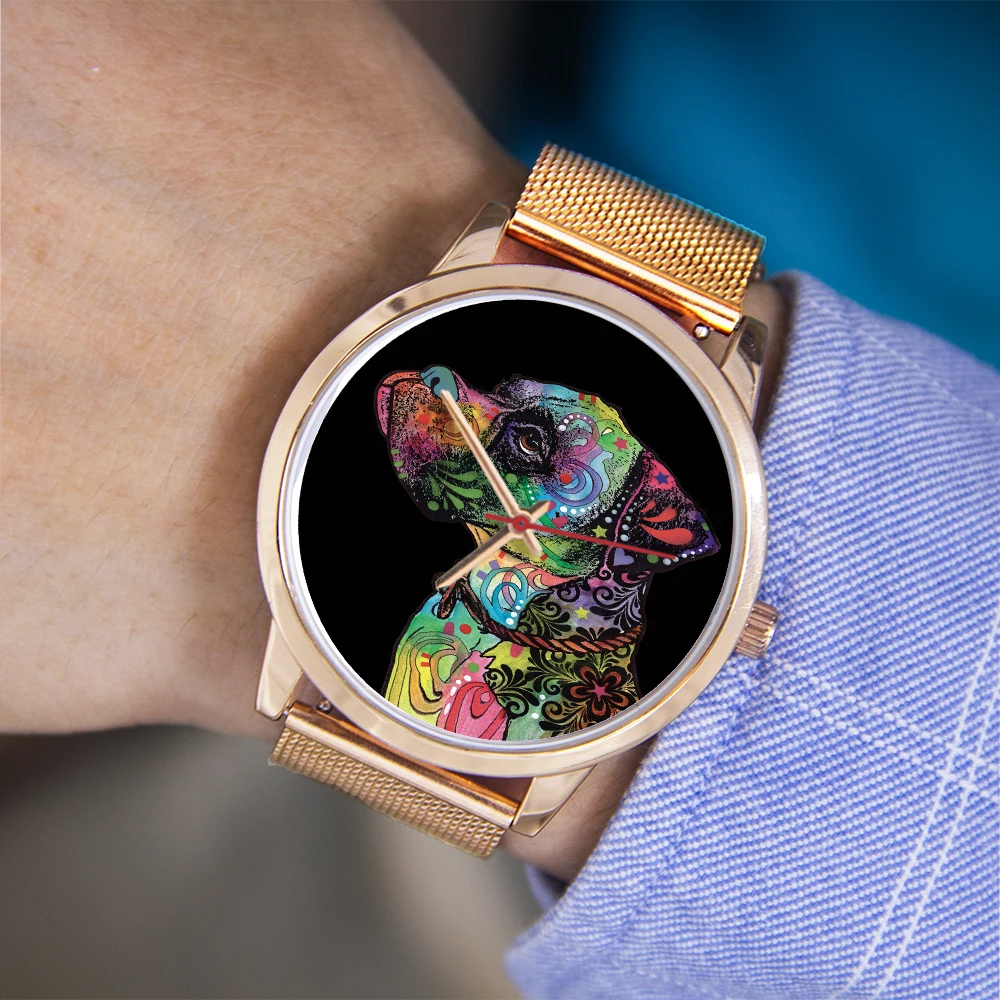 ساعة يد بتصميم كلب 45/38 ملم بمينا ذهبي وردي كوارتز للرجال والنساء مع حزام أسود ساعة فضية عالمية هدية تذكارية