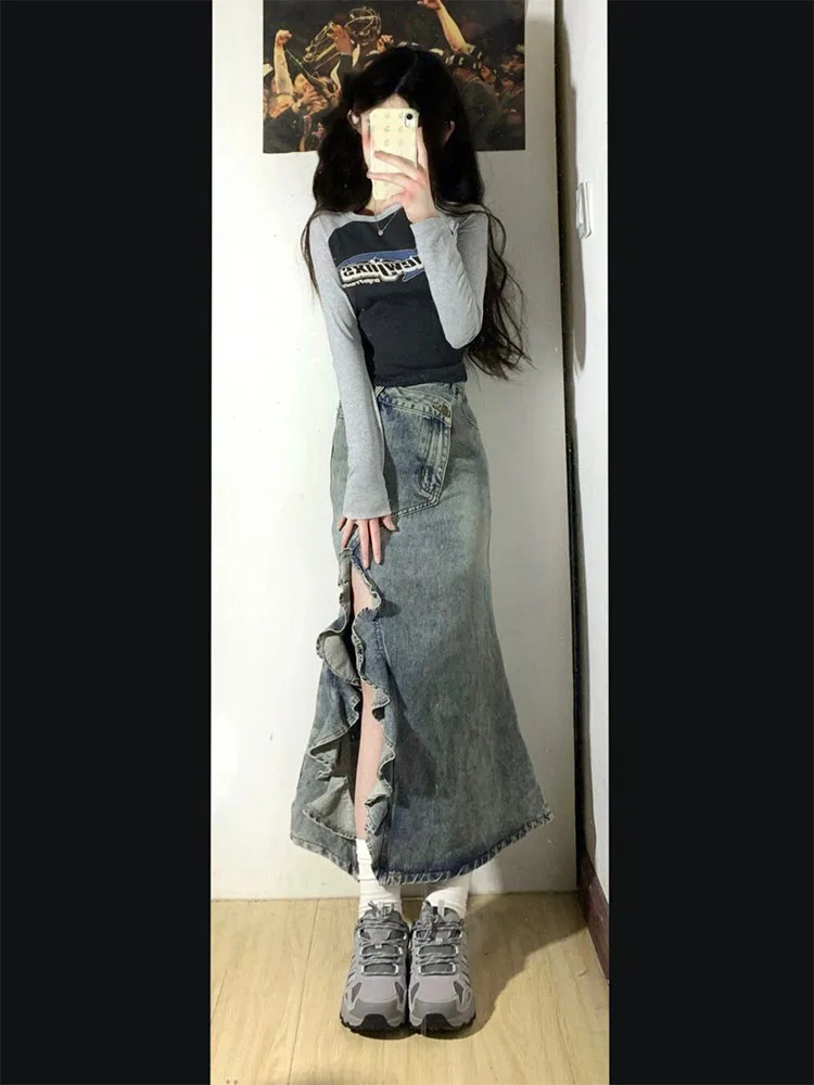 Women\'s Mermaid  Skirt Clothes Blue Skirt Harajuku Korean Girl Casual Chic Fashion Vintage A-Line Denim Skirt Split Hem Coquette