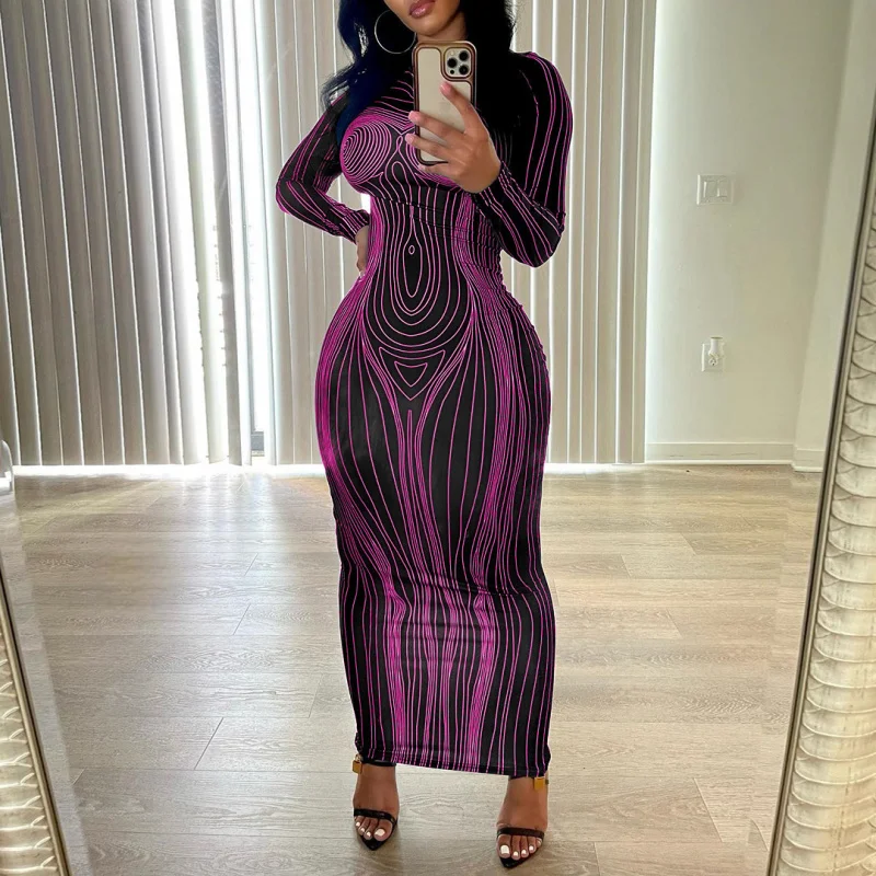 Vestido F Estiloso com Estampa, Ajuste Slim, Manga Longa, Decote Redondo, Novo Estilo de Outono, Camada Base, Saia Jus...