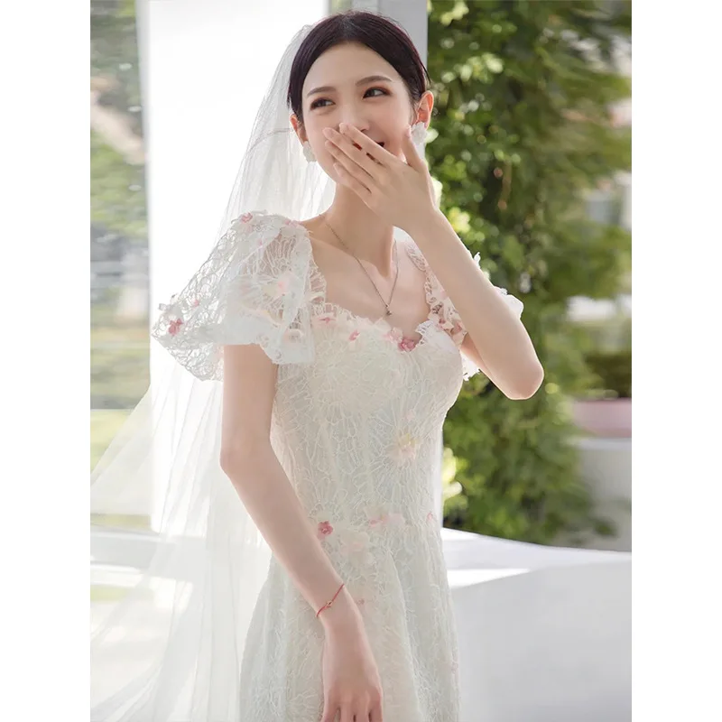 Fishtail Wedding Dress 2024 New Style White Square Collar High-Grade Trailing Marriage Engagement Evening for Women Autumn