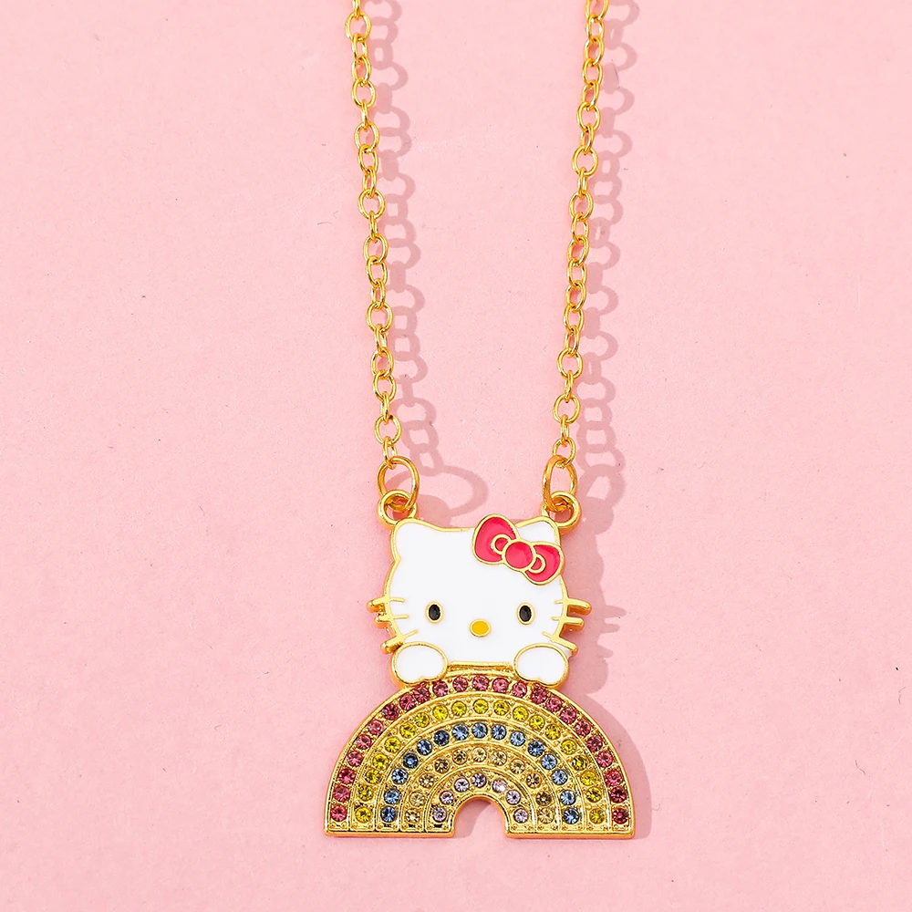 Anime Sanrio Hello Kitty Necklace Cartoon Image KT Cat Gold Metal Pendant Necklace Anime Peripheral Exquisite Birthday Gift