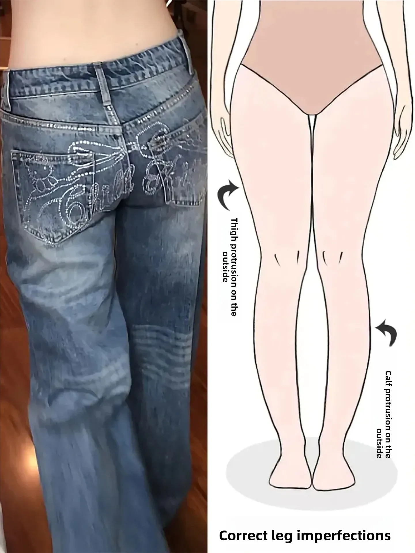 

American Retro Diamond Design Jeans Women Loose Slimming Wide Leg Floor-Length Pants Casual High Waist Zipper Knot