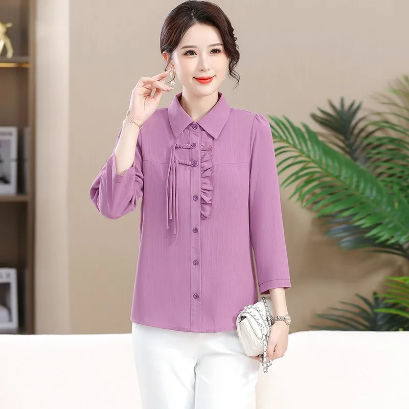 Commute Ruffles Spliced Pleated Blouse Spring Summer 3/4 Sleeve Women's Clothing Solid Button Single-breasted Loose Shirt