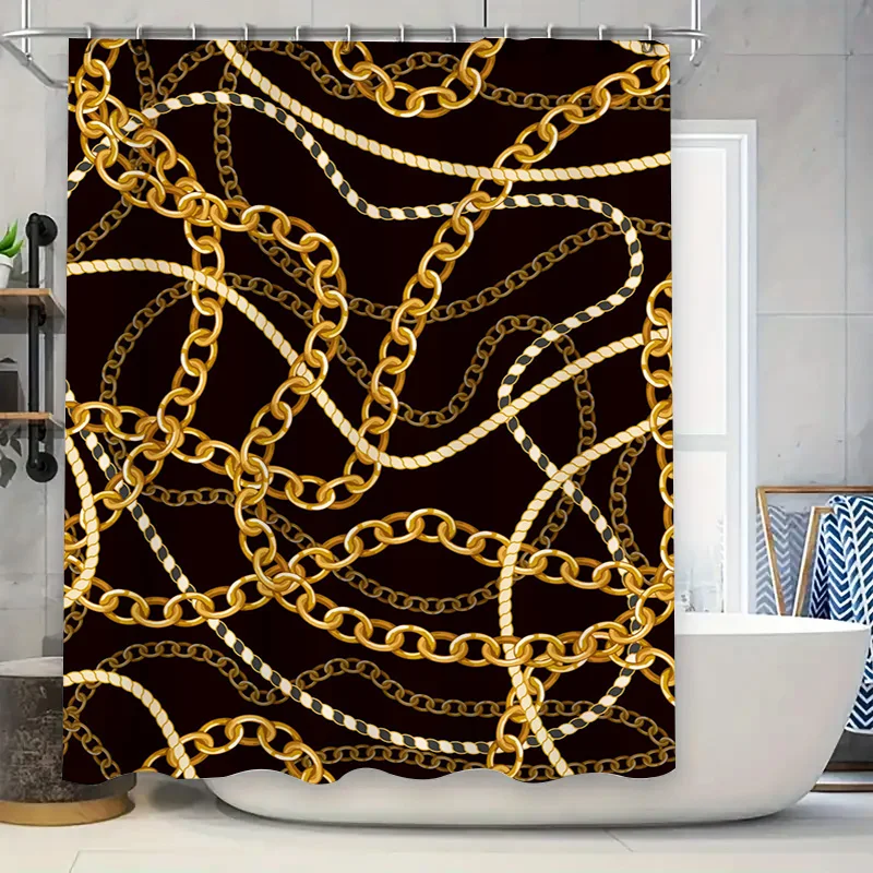 

Роскошная занавеска для душа с узором-цепочкой, водонепроницаемый декор для ванной комнаты с золотыми акцентами для Royal Touch