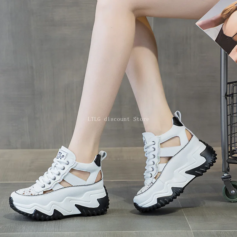 Women Elevator Shoes Mesh Genuine Leather Sneaker Platform Chunky Sneakers White Vulcanize Summer Hidden Heels Breathable