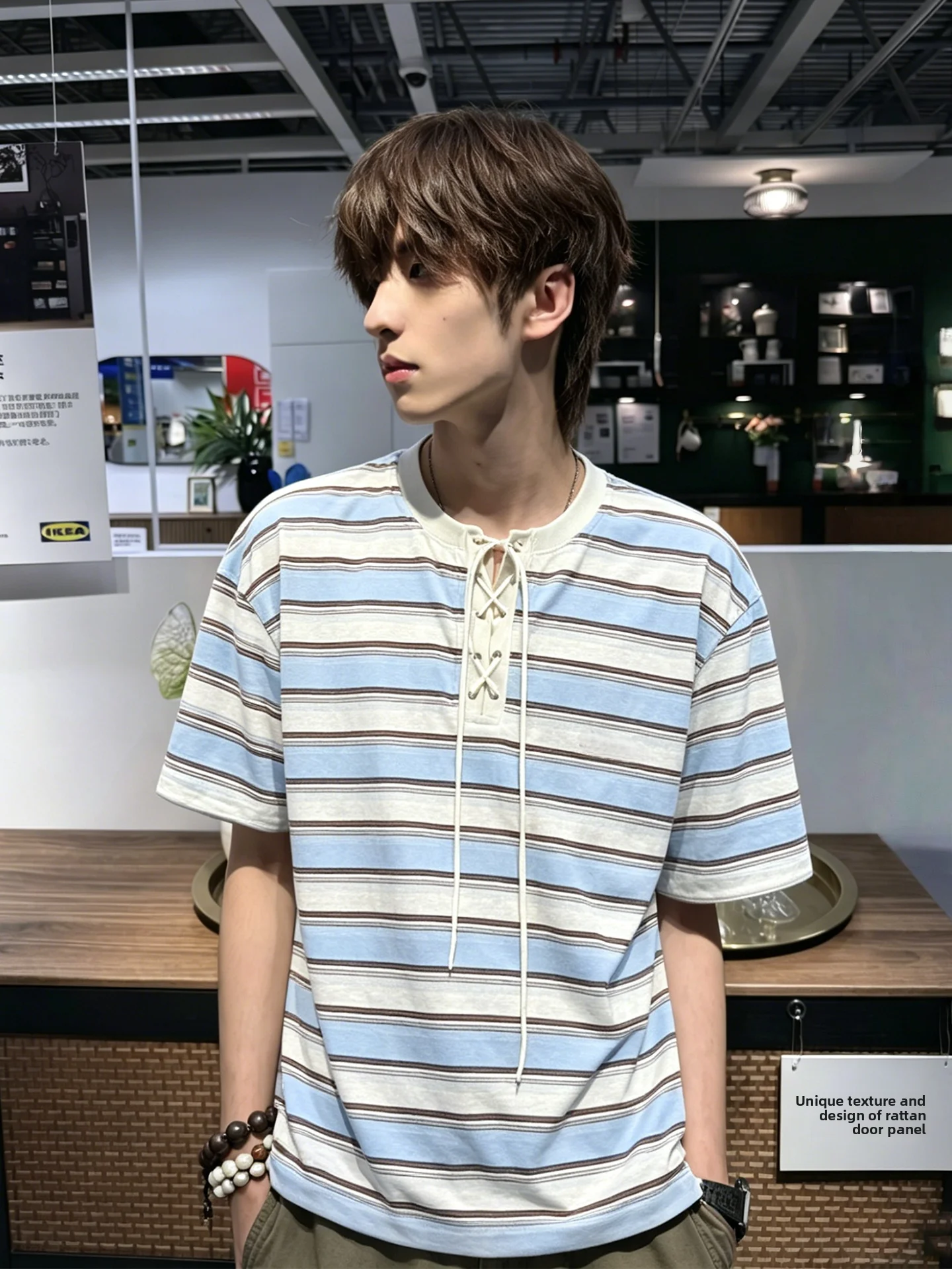 American Stripe Knitted Short Sleeve T-Shirt with Drawstring Bowtie Henry Collar Men's Summer Fashion College Style Breathabl...