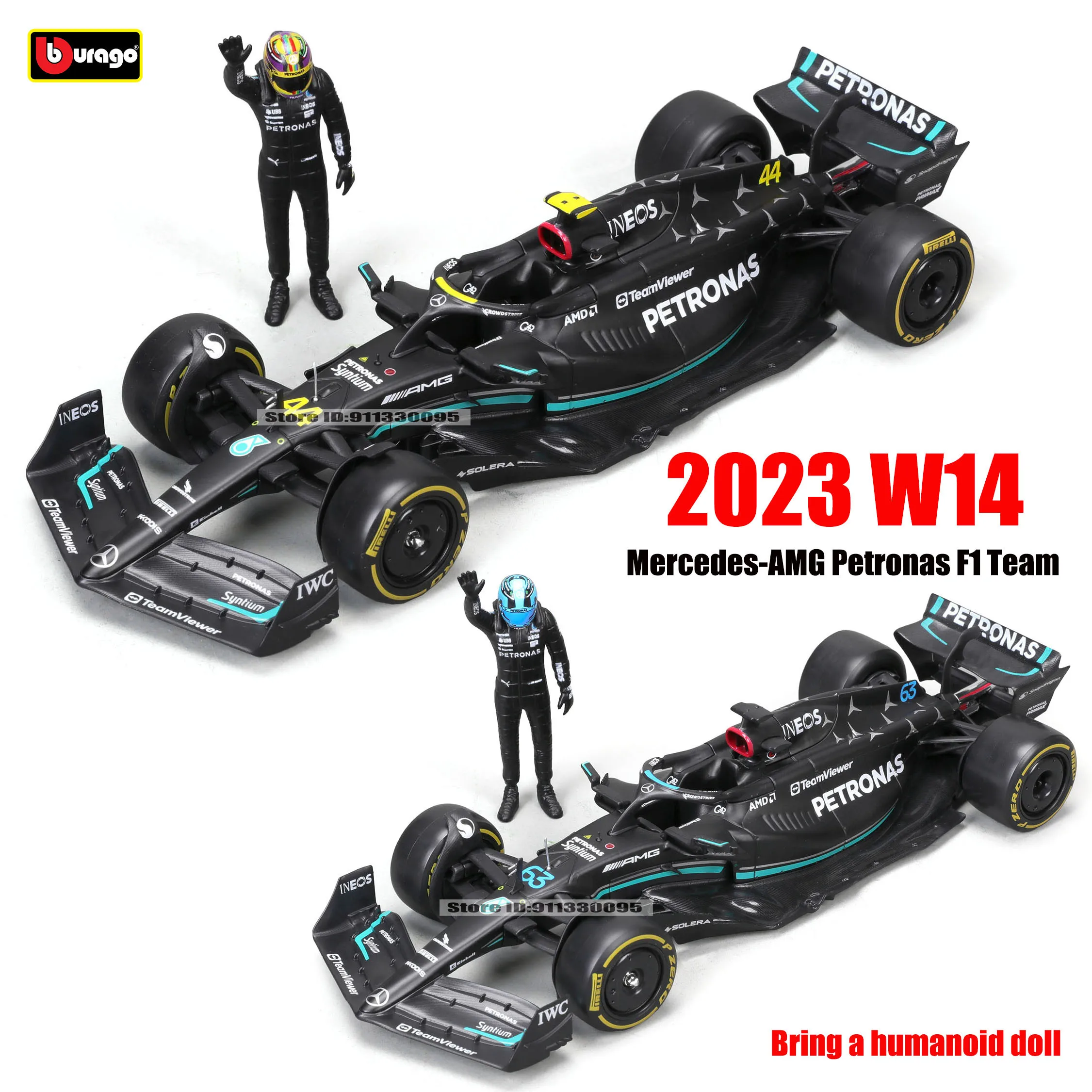 Bburago 1:24 2023 F1 Mercedes-AMG W14+Winning Doll 44# Hamilton  63# Russell Paint Formula One Alloy Super Toy Car Model