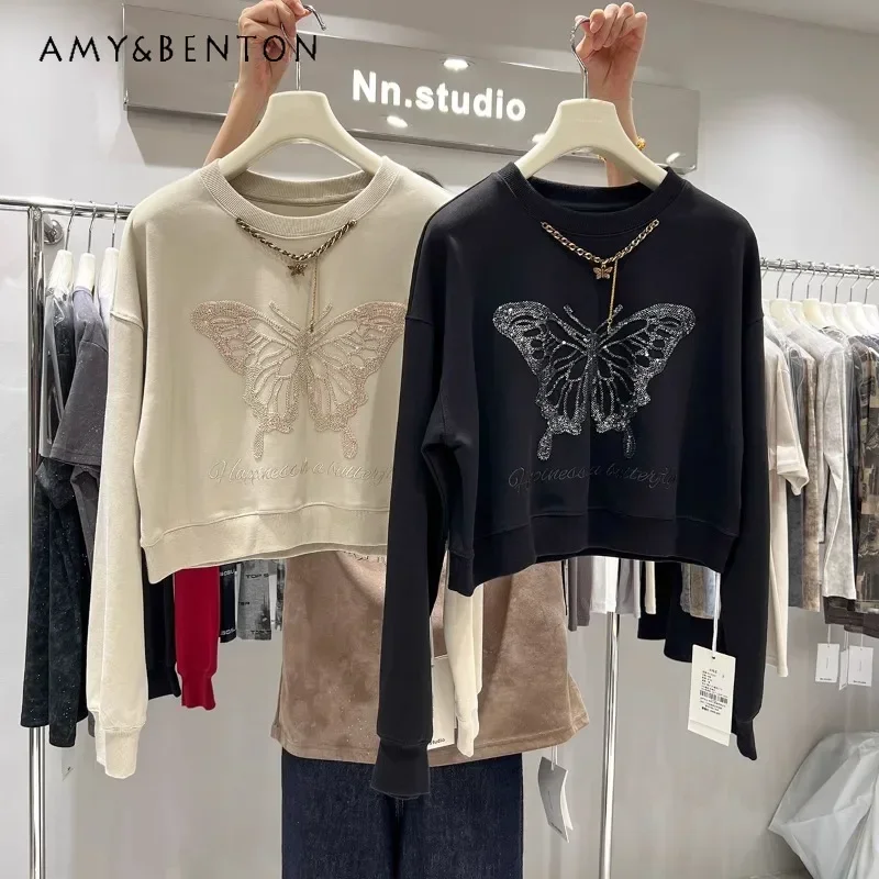 

2024 Loose Short Sweatshirts Women's Spring And Autumn Thin Embroidered Butterfly Round Neck Pullover Top Fashion Hoodies Female