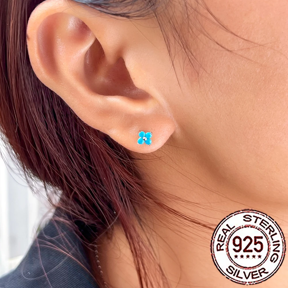 CWWZircons Mini-Piercing-Ohrringe aus 925er-Sterlingsilber, niedliche Blatt-Blume, blau, türkis, für Damen, Hochzeit, Party, edler Schmuck SE075 – Detail 7