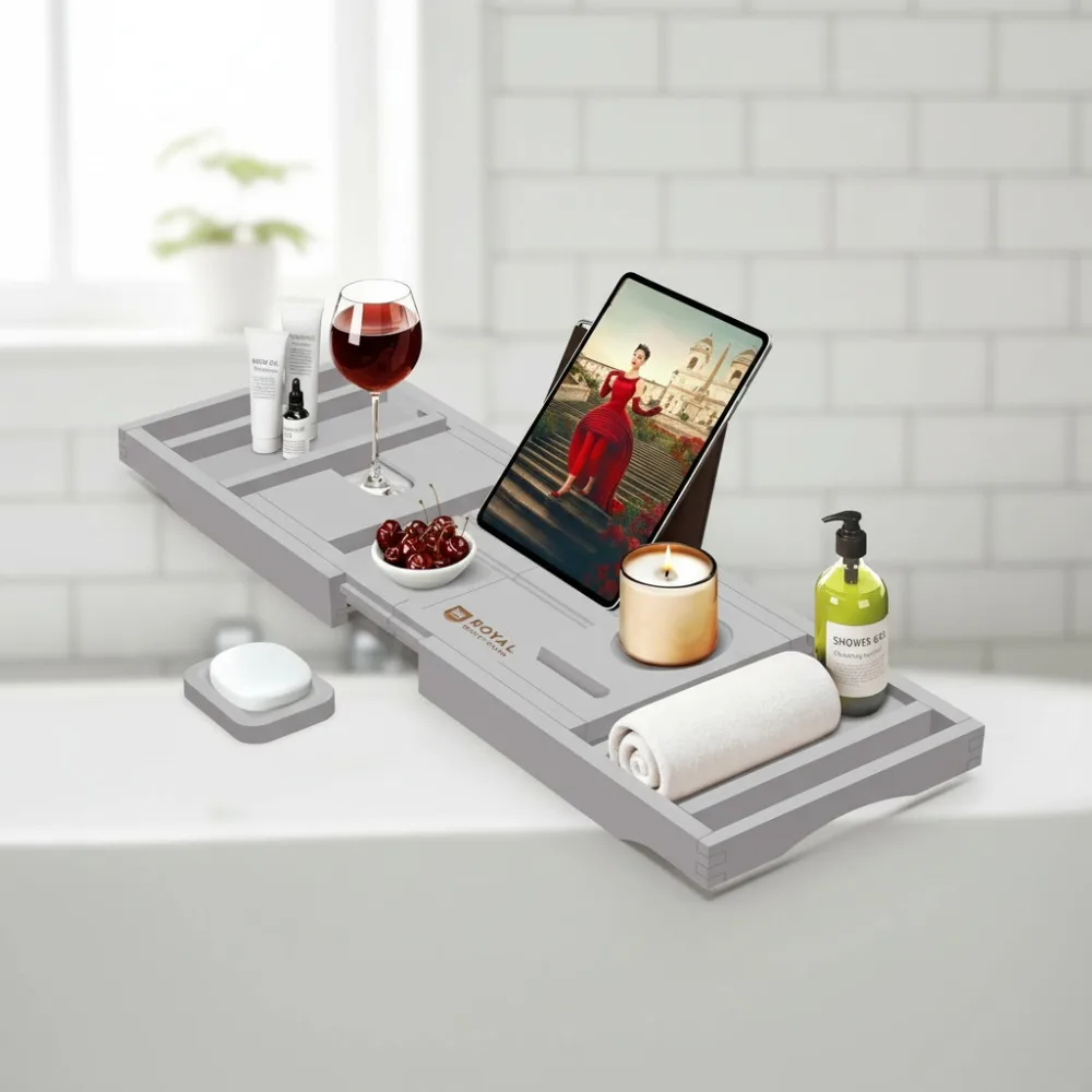 

Premium Foldable Bathtub Tray - Expandable Bamboo Bath Caddy with Wine Glass Holder for Couples Spa Relaxation