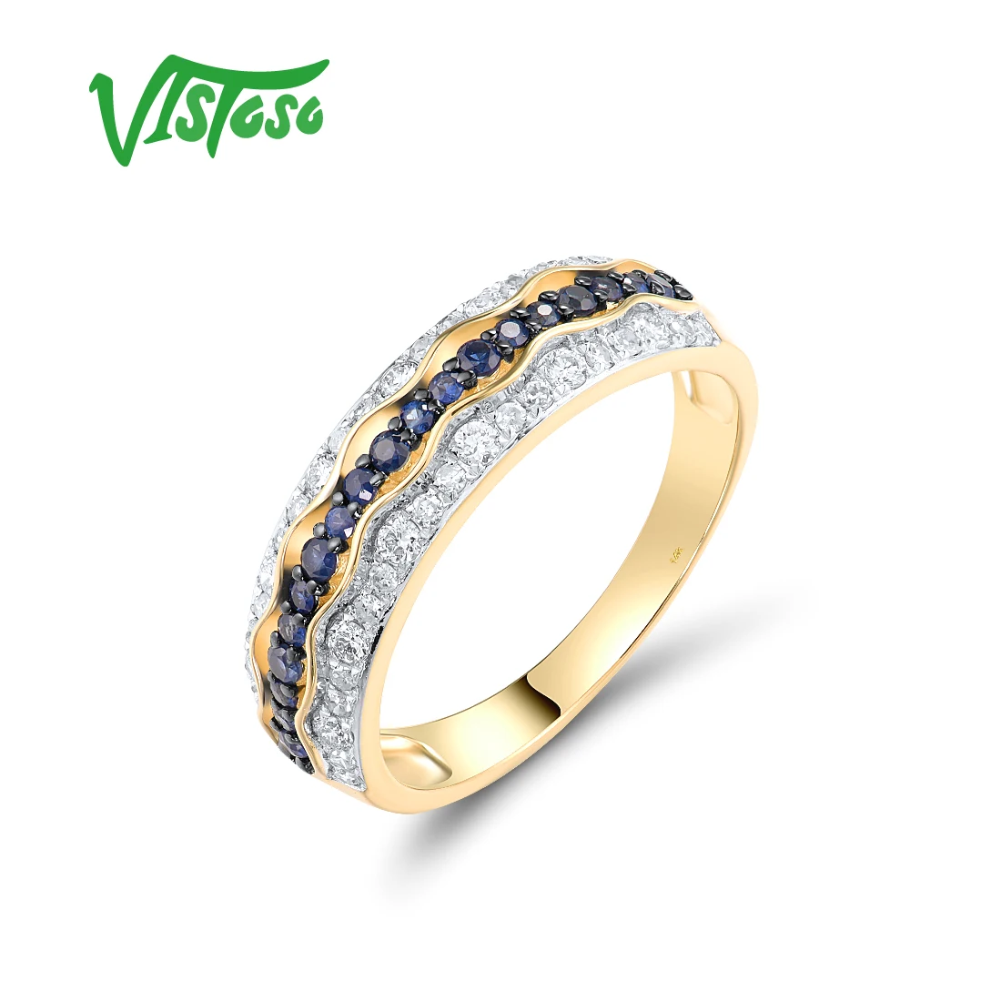 

VISTOSO Real 14K 585 Yellow Gold Band Ring For Women Sparkling Diamonds Blue Sapphire Fancy Wedding Engagement Gift Fine Jewelry