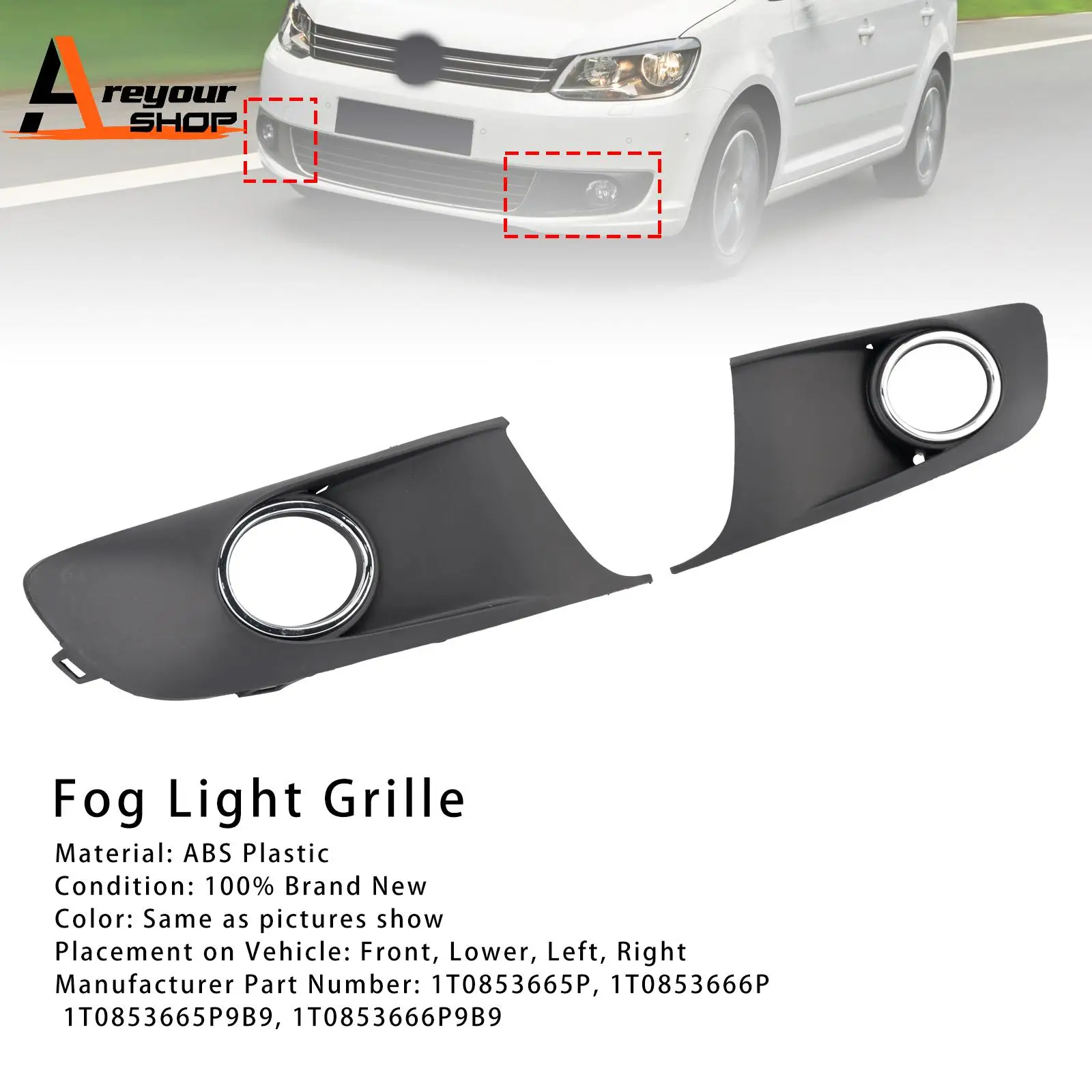 

2PCS Bumper Fog Light Lamp Trim Covers Grill Fit for VW Caddy Touran 2011 2012 2013 2014 2015 Chrome
