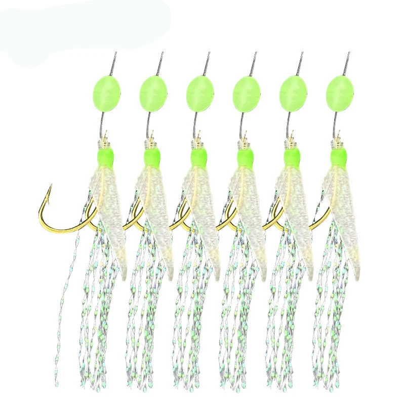 2Packs*White hage skin sabiki rig Real Fish Skin String Hooks Sabiki Rig for Sea Luminous shrimp Fishing Hook Lure Sabiki Bait