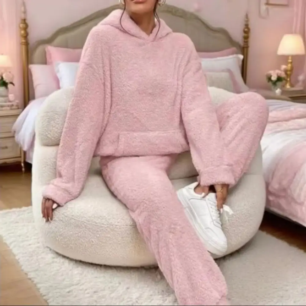 2025 Women Pajamas Set Winter Sleepwear Fluffy Hooded Women Lounge Set Thicken Velvet Ribbed Fleece Set Pullover And Pants Sets