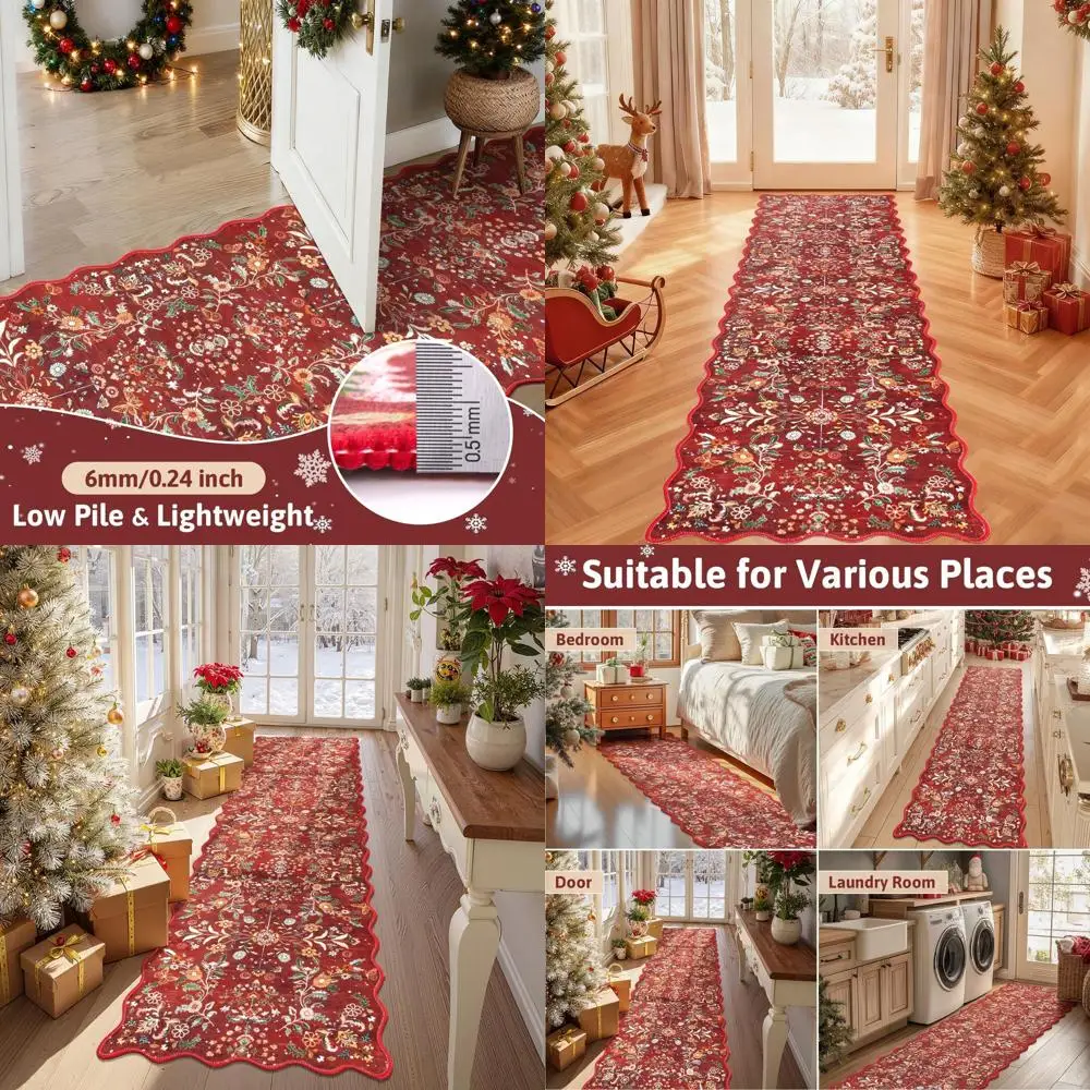 

Red Floral 2x8 Washable Non-Slip Christmas Runner Rug, Soft Low Pile for Holiday Decor in Hallways, Kitchens, and Entryways