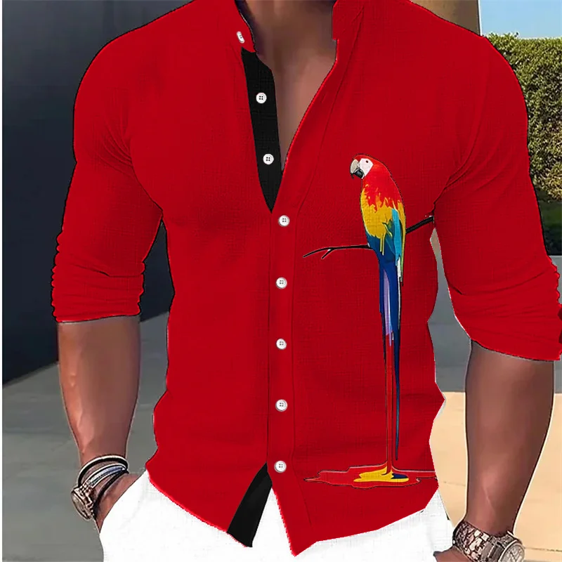 Fashion New Men\'s Shirt Parrot 3D Print Stand Collar Long Sleeve Shirt Street Casual Tops Designer Casual Wear 16 Colors 6XL