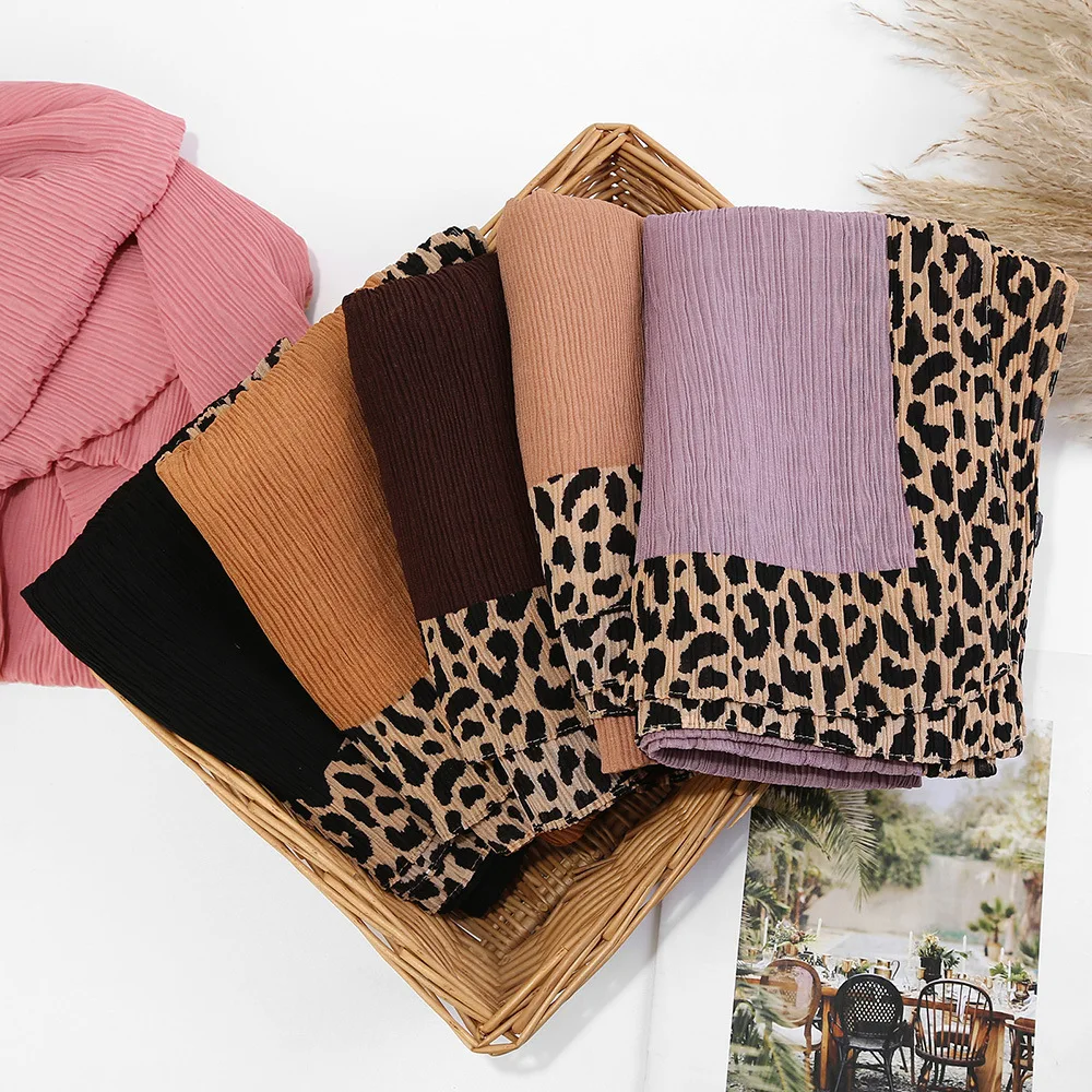 Muslim Hijabs Women Wrinkle Leopard Headband Solid Color Turban Scarf New Headscarf Islamic Arab Headscarf