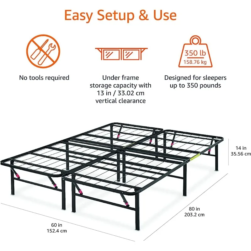 Basics-Foldable Metal Plataforma Bed Frame, ferramenta de configuração gratuita, alta, rainha, preto, 14 polegadas