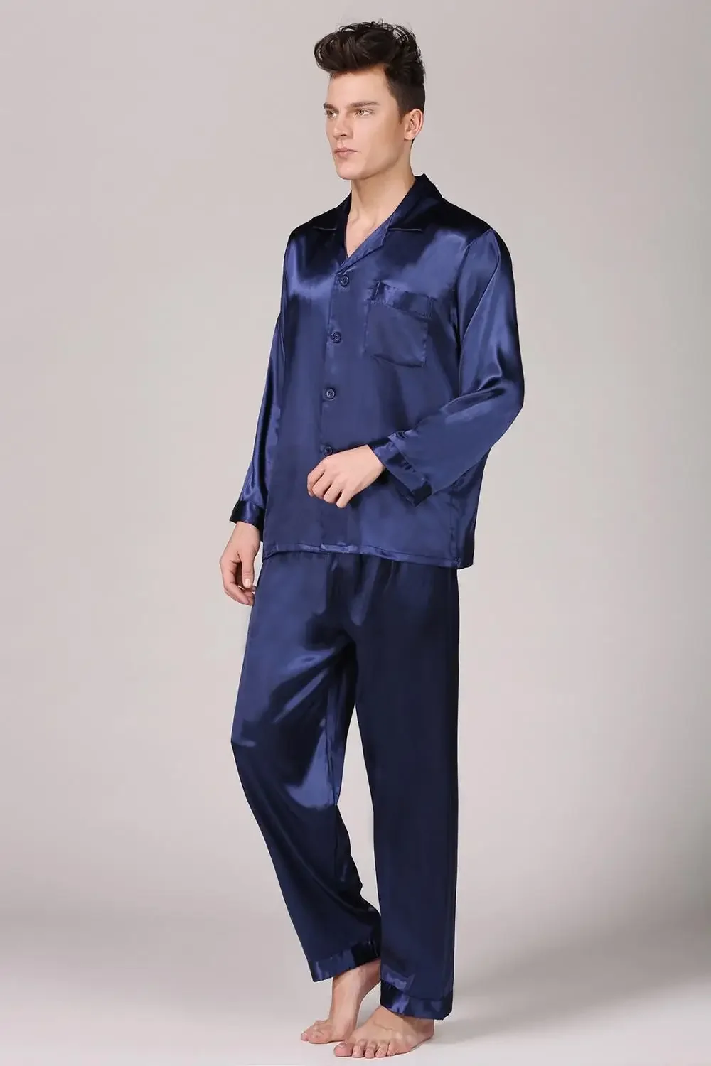 Set Piyama Pria Merah Hitam Biru 2022 Pakaian Tidur Kasual Pria Sutra Satin Pakaian Tidur Gaun Malam Jubahма Peignoir