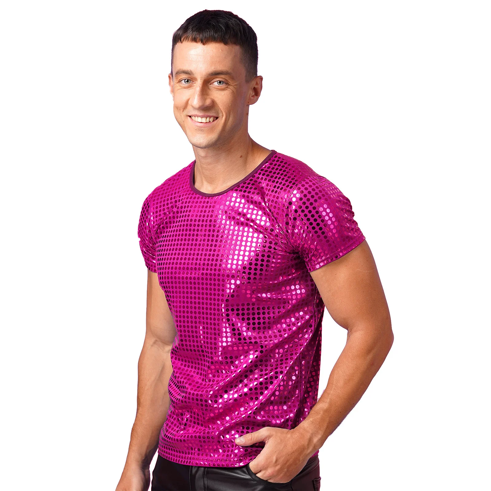 Mens Sparkle Sequin T-Shirt Dance Tops Round Neck Short Sleeve Performance Tops Nightclub Festivals Costumes Clubwear