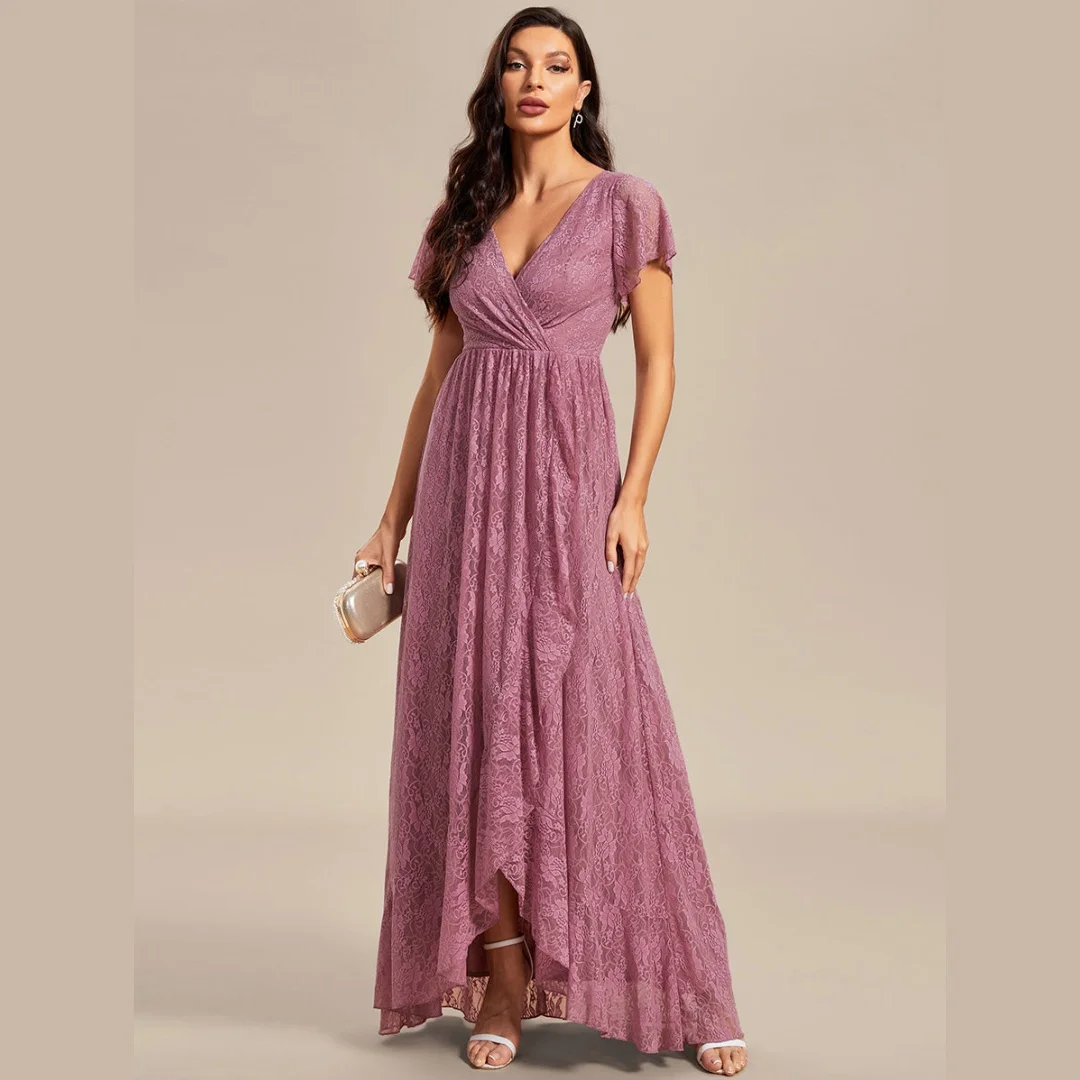 

Elegant Lace Floral Mother of the Bride Dress V-neck Short Sleeve Ruffles Ankle-Length Prom Dress Customized Wedding Party Gown