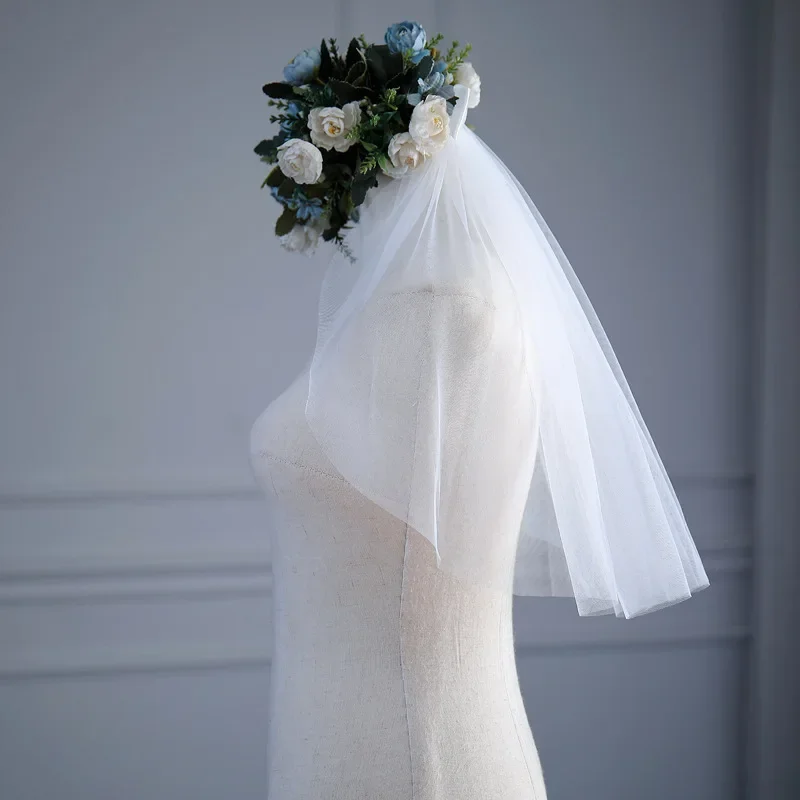 Vestido de casamento curto de tule, véu com borda de fita branca e pente de cabelo, véu de noiva, acessórios para festa de casamento i