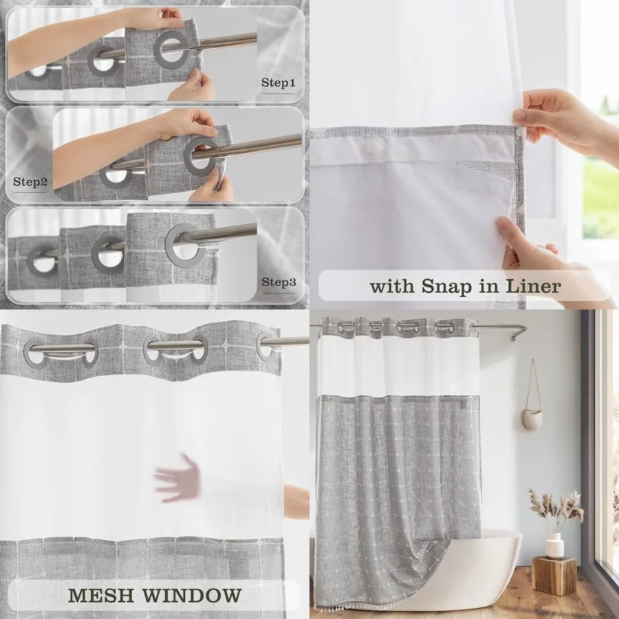 

Farmhouse Shower Curtain with Snap-in Liner, No Hooks Needed Fabric Shower Curtains with Tassels for Rustic Bathroom Decor, wit