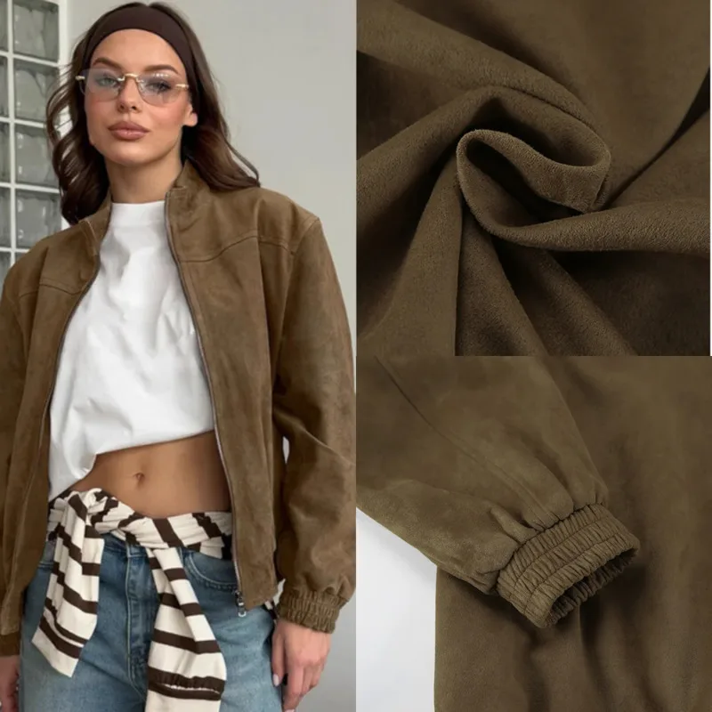 

Soft Touch Faux Suede Jacket For Women Fall Street Style Zipper Outerwear With Stand Collar Relaxed Fit For Daily Or Travel Wear