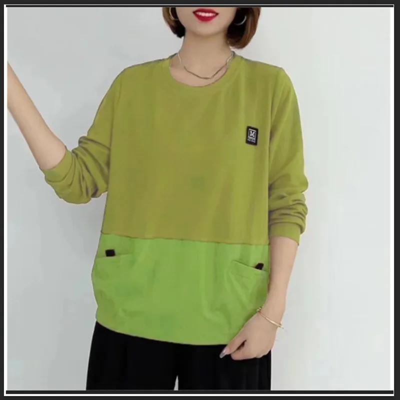 

Women's Pullover Round Neck Solid Color Hoodie Spring and Autumn New Fashionable Patchwork Long Sleeve Pockets Loose Casual Tops