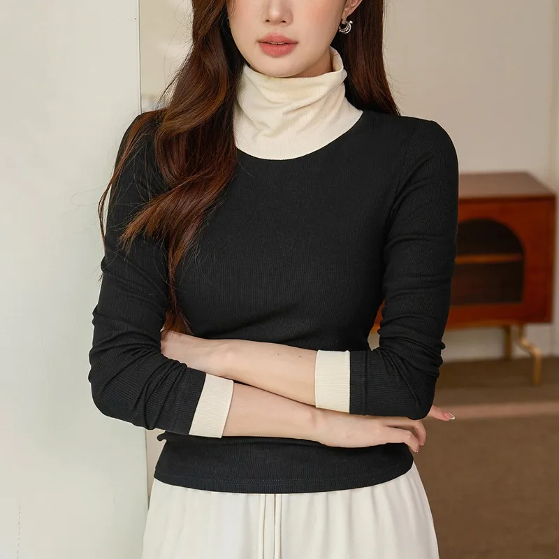 

Thin velvet turtleneck bottoming shirt women's contrasting color long-sleeved T-shirt 2025 autumn and winter new inner top