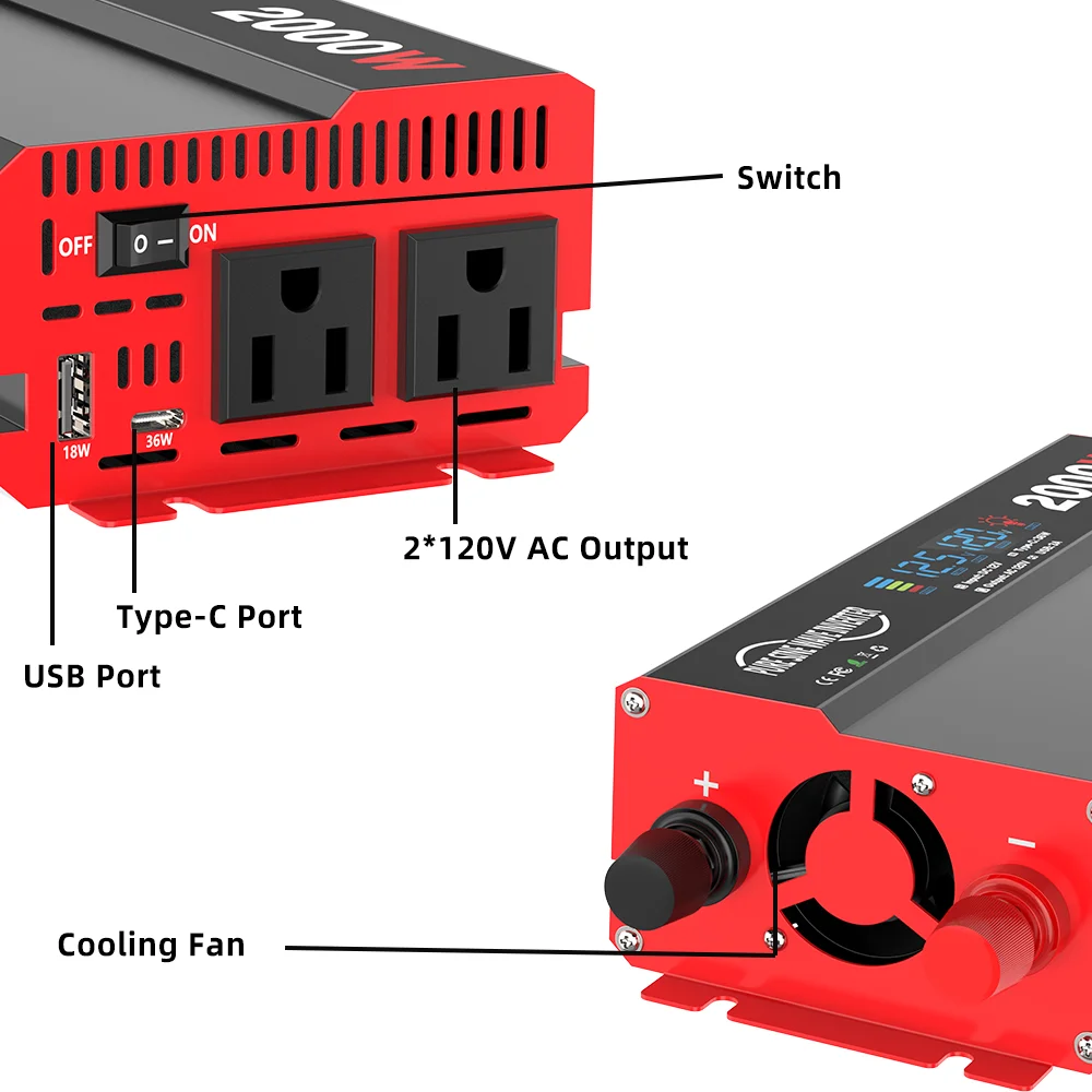 500W/800W Pure Sine Wave Power Inverter 12V DC to 110V 120V 1500W/2000W Peak AC Car Converter for Vehicles LED Screen Display, 2 AC Outlets, 36W USB-C Charging Port, Car Plug Adapter for RV,Truck, Home, Camping, Laptop, Trip