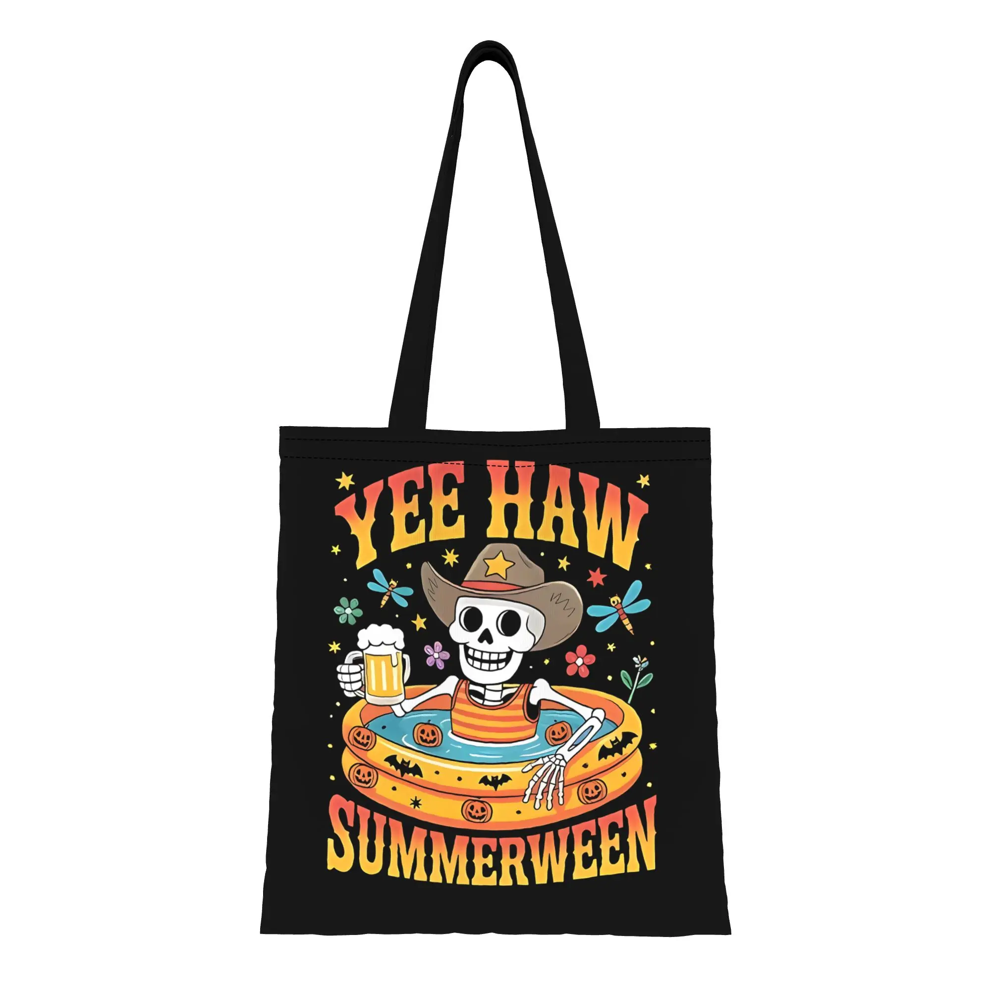 Reusable Trendy Yee Haw Summerween Cowboy Skeleton Western Halloween Shopping Bag Women Tote Bag Portable  Shopper Bags