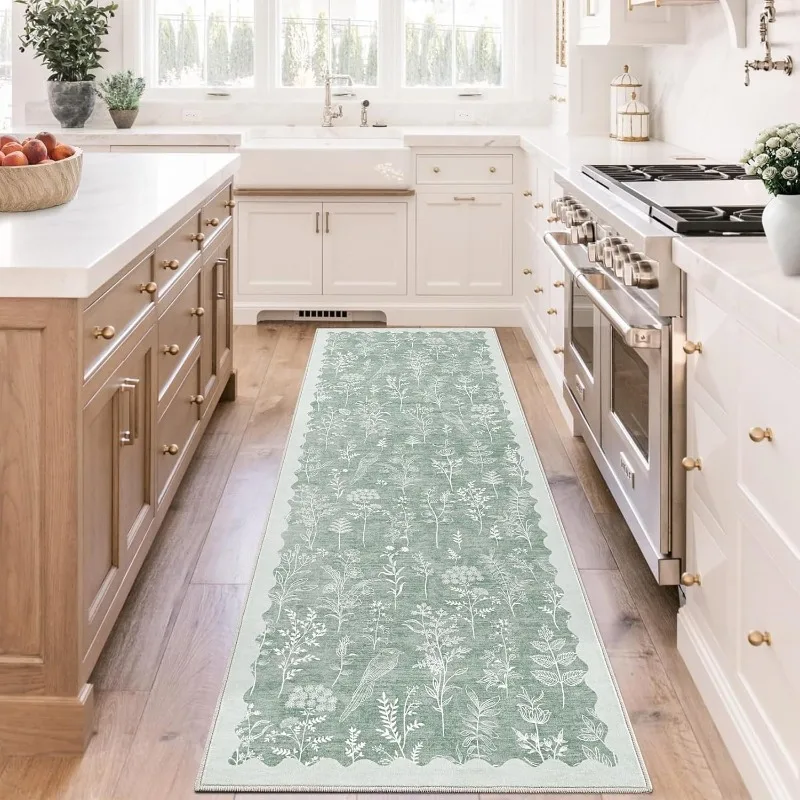 

Green Kitchen Carpet Small Fresh Plant Flower Print Runner Fashion Minimalist Machine Washable Foldable Non-slip Corridor Mat 러그