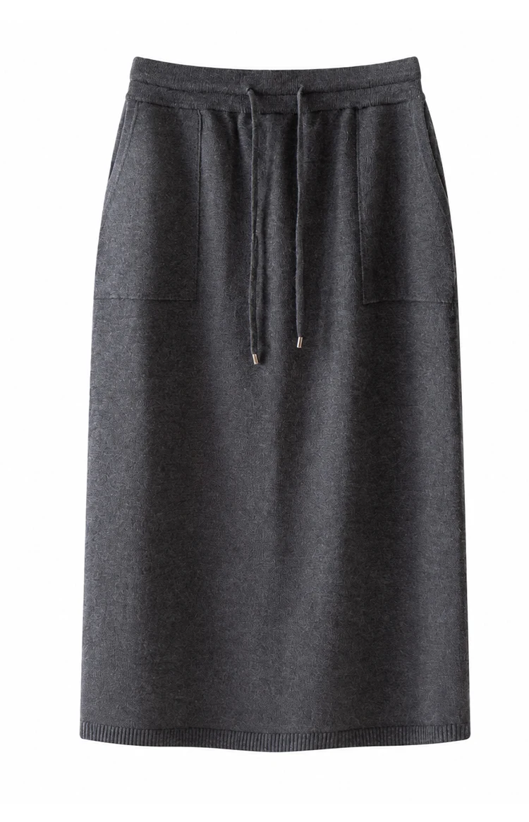 ML62132 Damen Strick-Midirock mit hoher Taille, Kordelzug, aufgesetzter Tasche, weicher Modal-Mix, A-Linie, lässiger Herbst-Winter-Rock – Detail 11