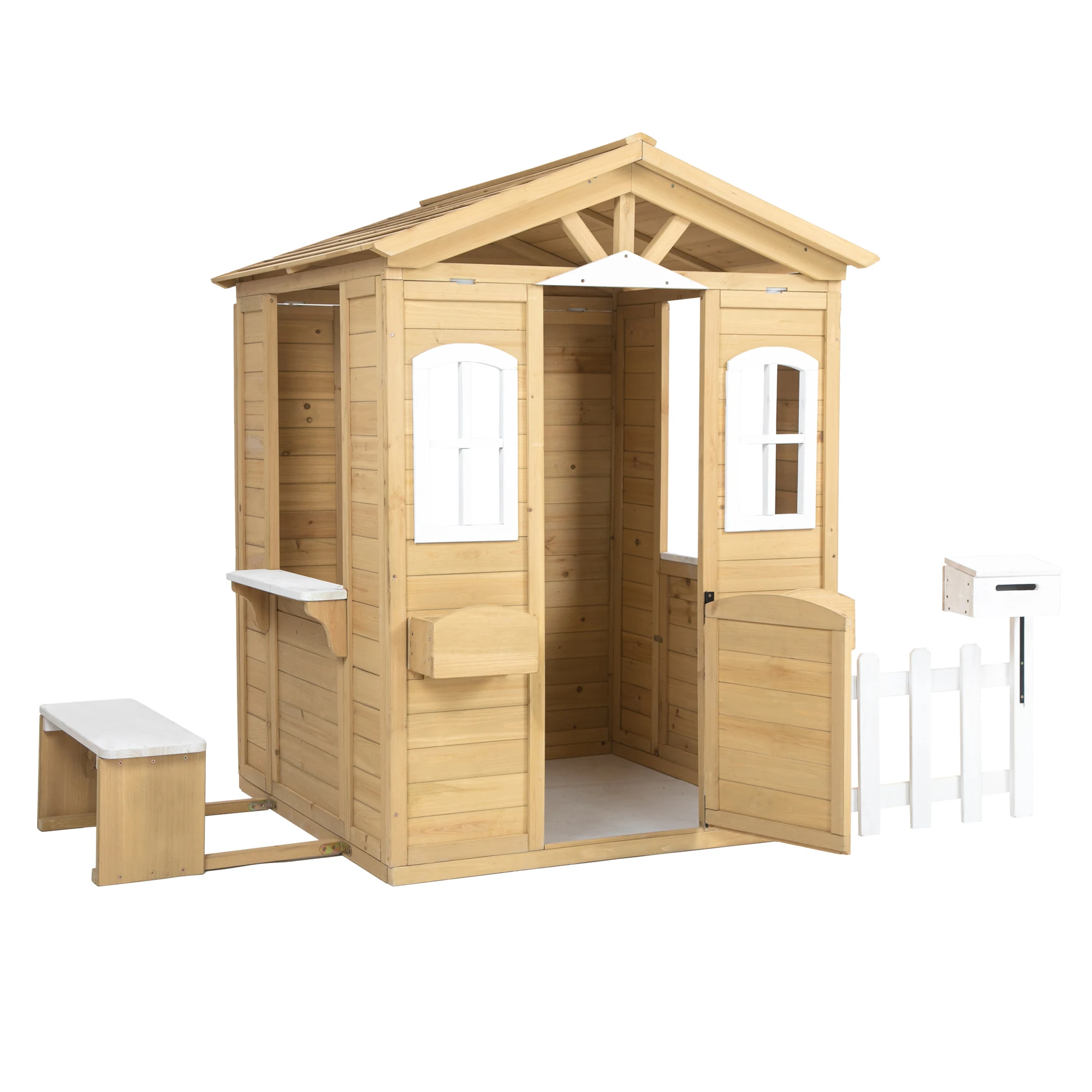 LZBEITEM Wooden Playhouse for Kids Outdoor with Working Door, Windows, Mailbox, Bench, Flowers Pot Holder, 39