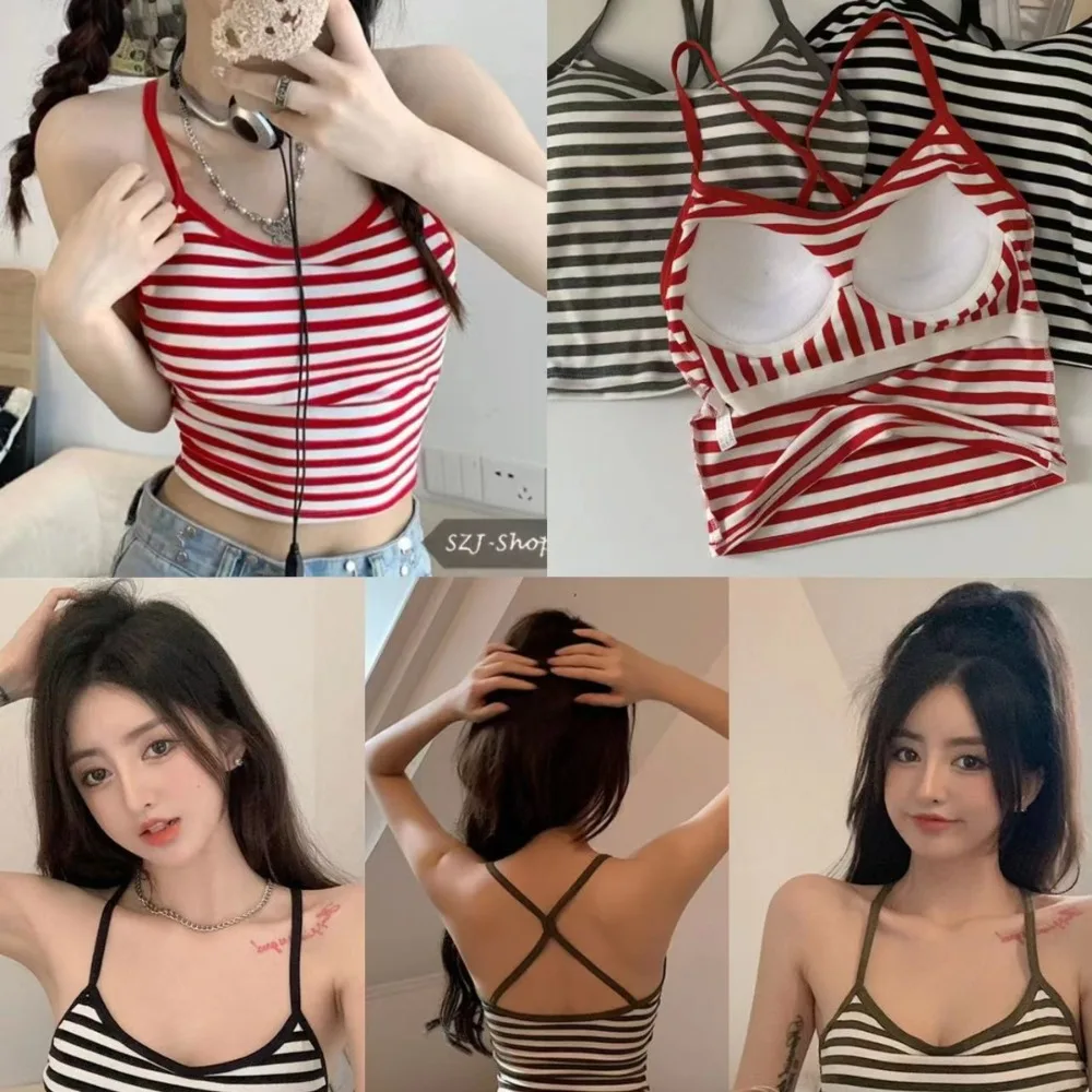 Top adelgazante a rayas con espalda cruzada y cojín para el pecho, chica picante, tirantes hermosos que reúnen un diseño Sexy
