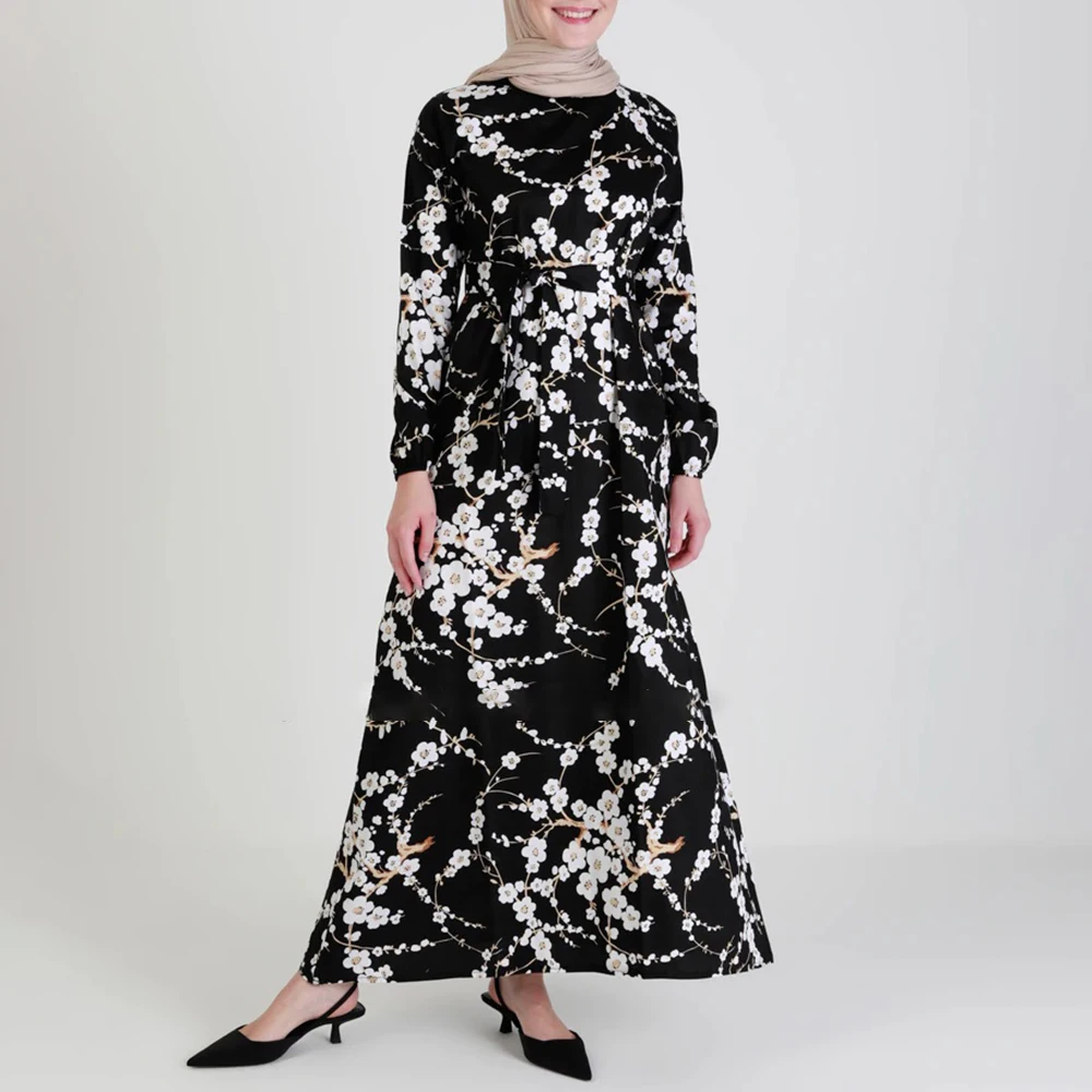 

Exquisite Floral Printed Dresses For Women Abaya Dubai Round Collar Muslim Femme Robe Long Sleeve Maxi Dress Islamic Ramadan