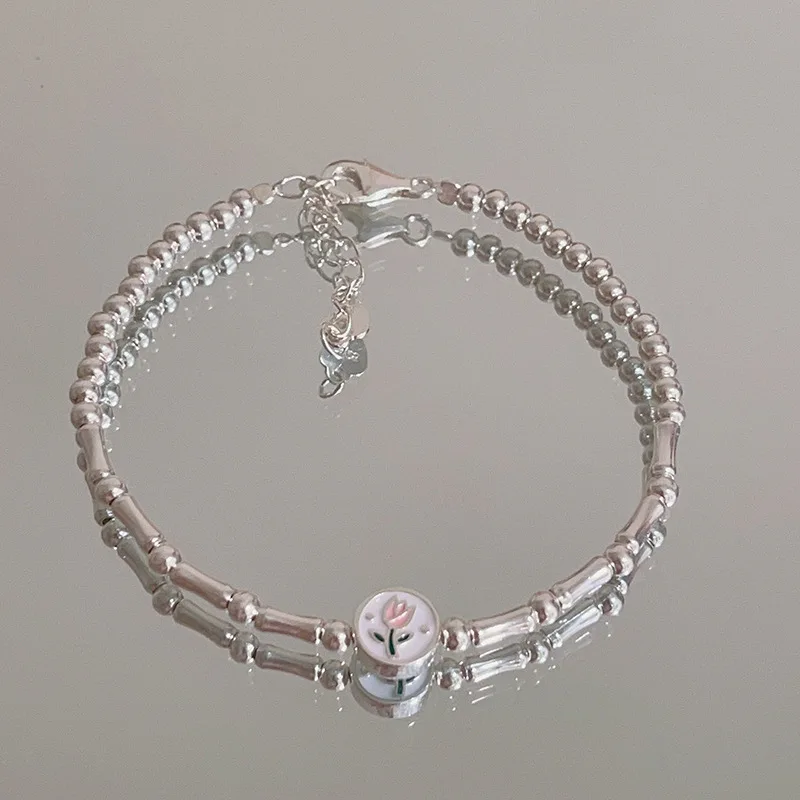 

925 Sterling Silver Bracelet For Women Dripping Glaze Round Bead Tulip Flowers Temperament Bracelet Jewelry Gift Dropshipping