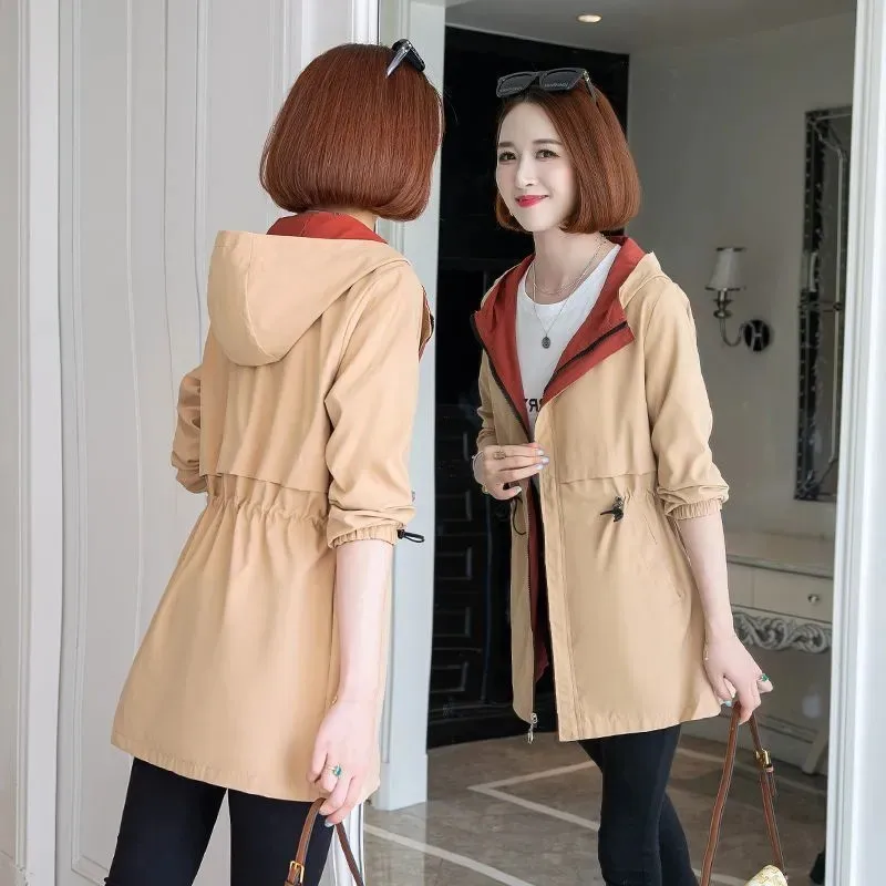 Spring Autumn New Hooded Double-Sided Wearable Mid-Length Trench Coat Women Fashion Middle-Aged Mom Windbreaker Outerwear B787