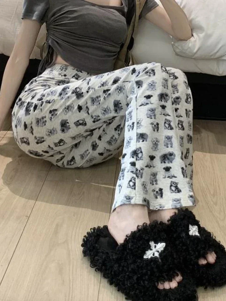 ADAgirl Y2k Kawaii Cat Print Flared Pants Women Cute Dog Graphic Sweatpants Japanese Harajuku High Waist Bell Bottoms Trousers