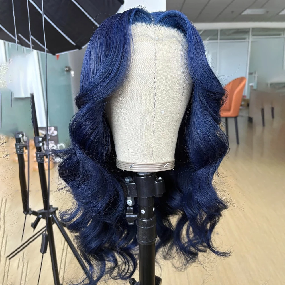 شعر مستعار أزرق داكن طويل موجة عميقة شعر مستعار 13x4 الاصطناعية الدانتيل الجبهة الباروكات للنساء شعر مستعار بدون صمغ الأزرق الجسم موجة شعر مستعار تأثيري مقاومة للحرارة