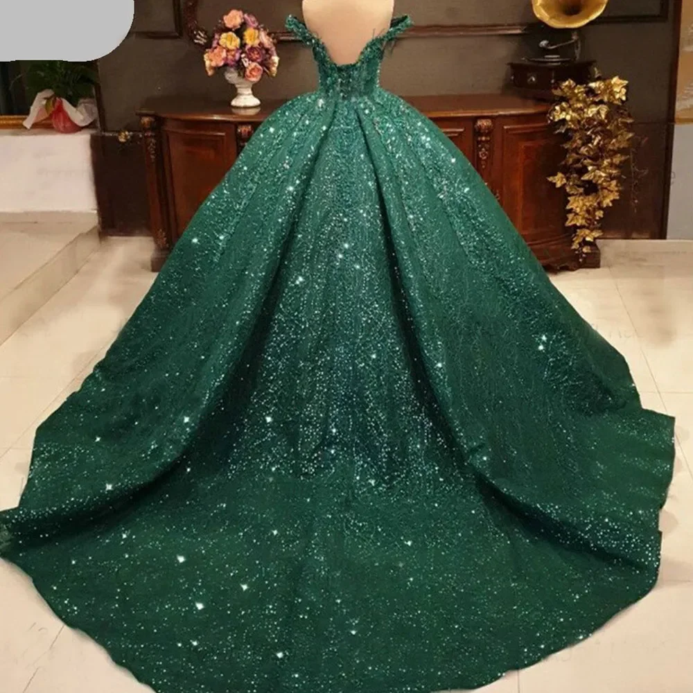 Arab Muslim Green Glitter Beaded Ball Dress Off Shoulder V-neck Lace Evening Dress Sweeping Train Robe Customization