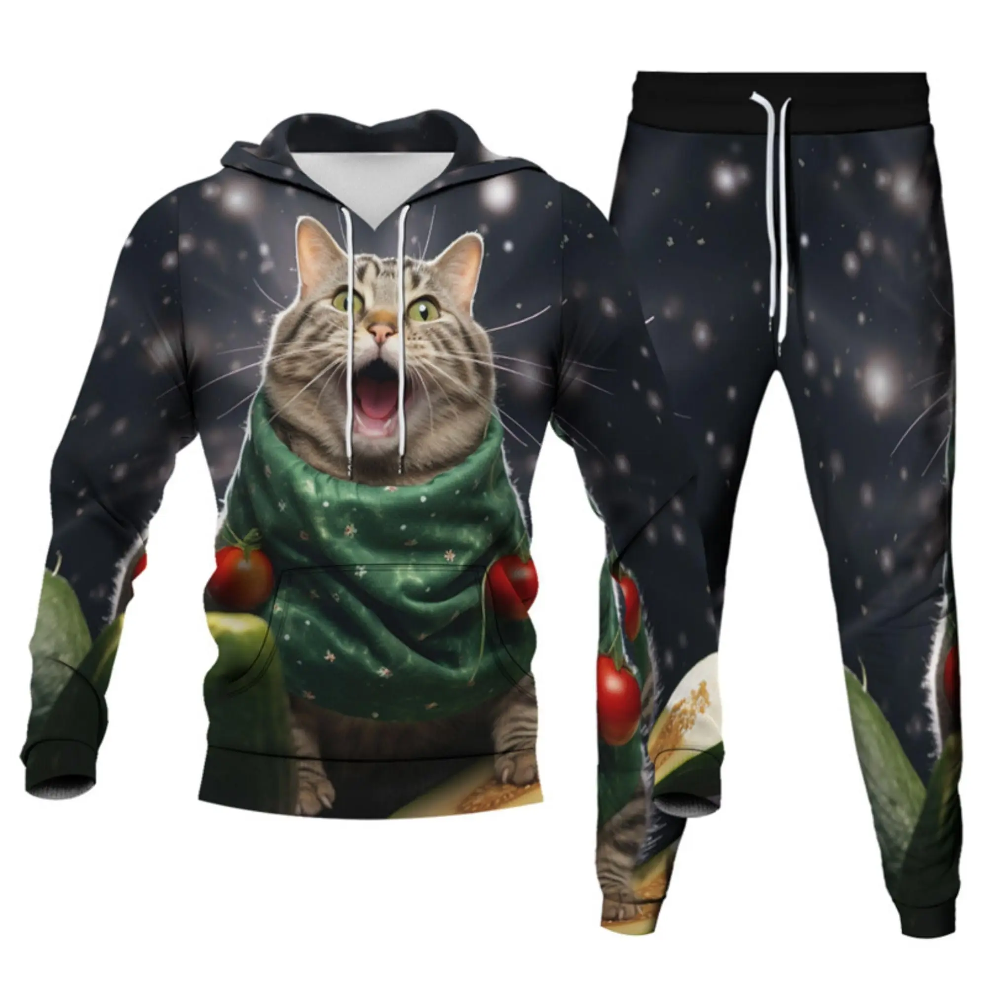 Unisex 3D Christmas Cat Printed Men Women Novelty Xmas Hoodie Adult Kid Two Pieces Tracksuits Sweatshirts Joggers Sweatpants Set