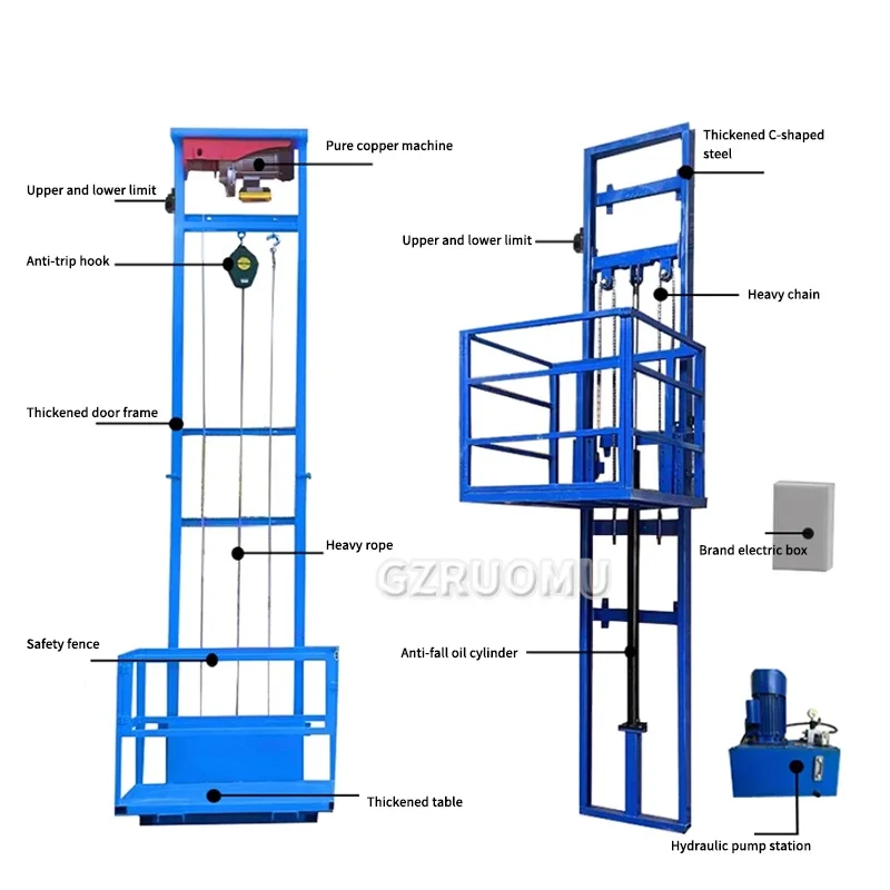 Ascenseur de fret hydraulique domestique, plate-forme de levage, palan électrique, simple, usine, petit entrepôt, rail de guidage, charge de 3m, 500kg