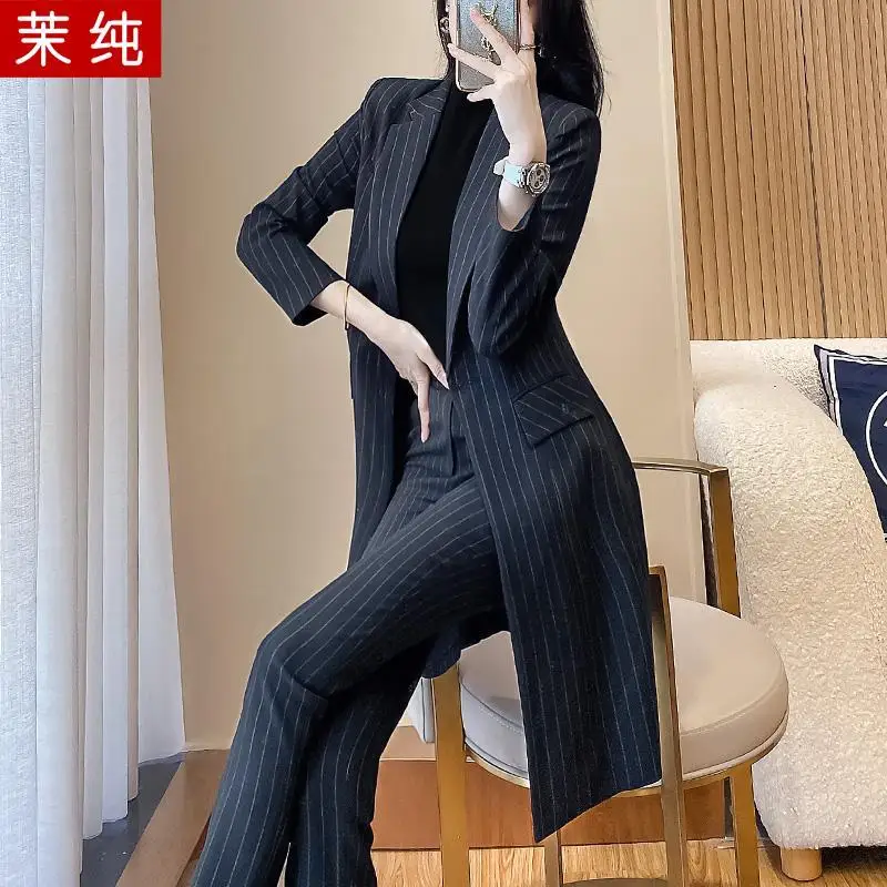 2-G5  Fashion suit for women 2023 new black stripes capable temperament professionmal windbreaker long suit two-piece suit