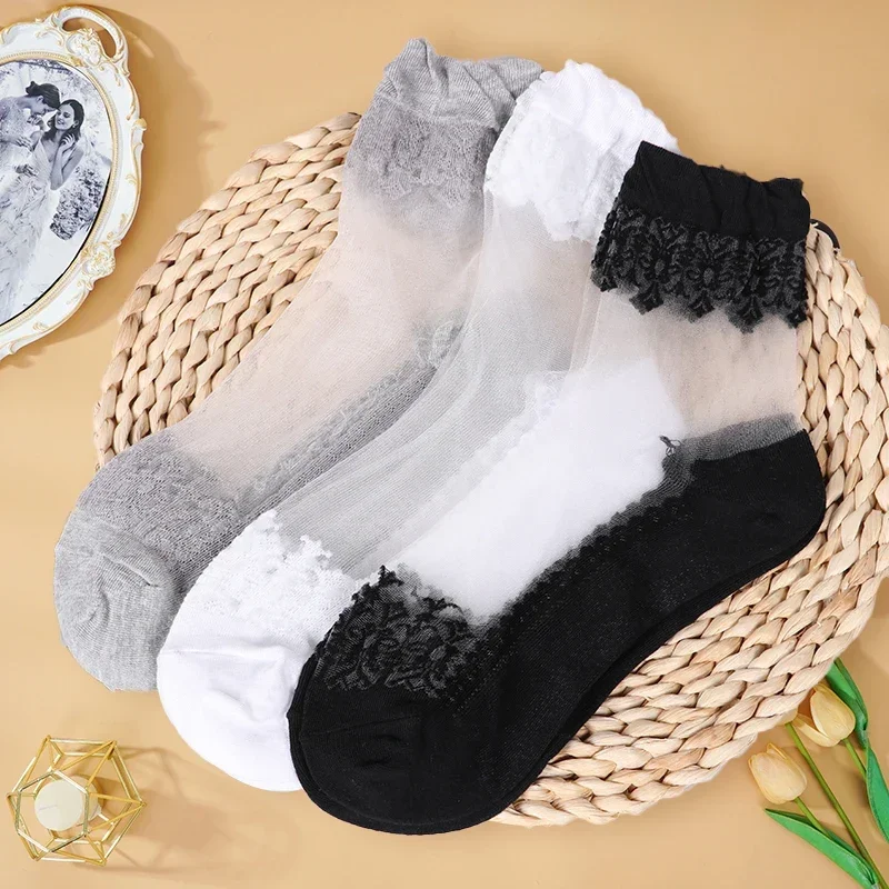 Sexy Lace Mesh Fishnet Socks Mixed Fiber Transparent Stretch Elasticity Ankle Net Yarn Thin Women Cool Socks 1pair=2pcs 2023