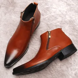 Luxury Men Genuine Leather Ankle Boots Black Brown Pointy Brand Name Dress Boot For Men Formal Men's Rubber Chelsea Boots Shoes