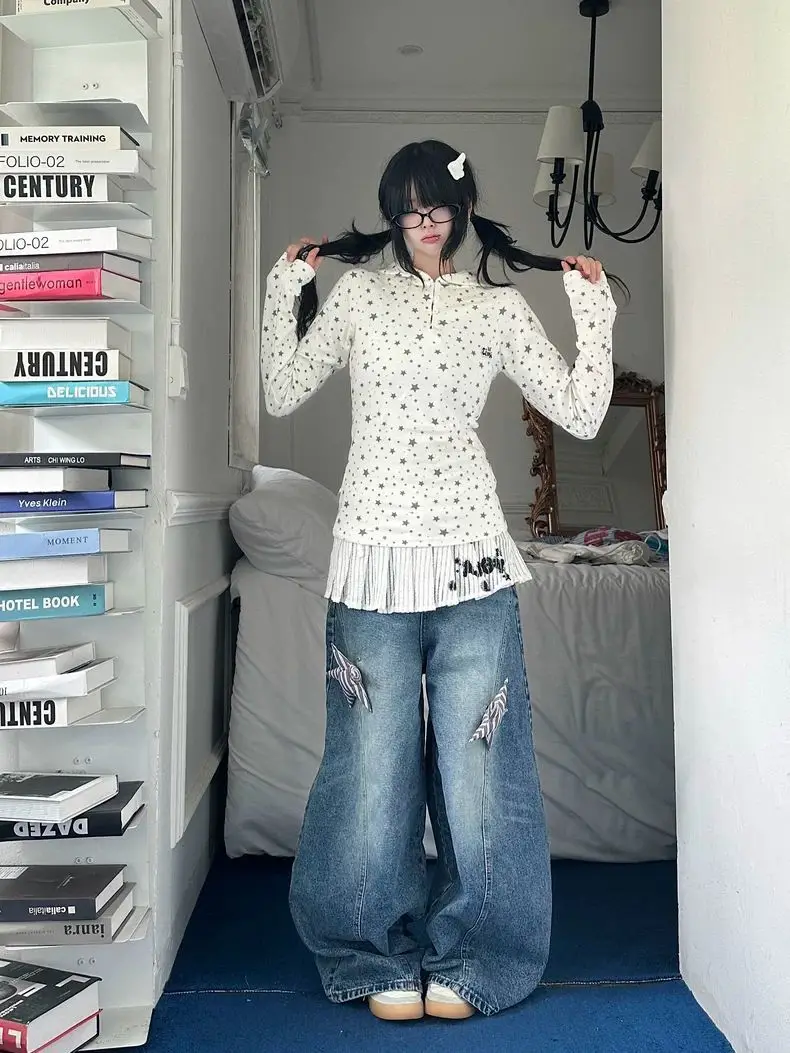 アメリカンスタイルの女性 Tシャツ秋のスターフルプリント翼フード付き長袖 Tシャツ甘いスパイシーなスリムフィットベーストップ